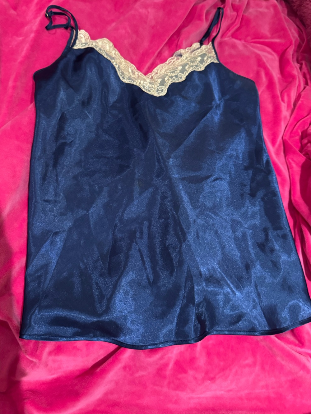 Vintage Shadowline Navy Satin Lace Cami Size S